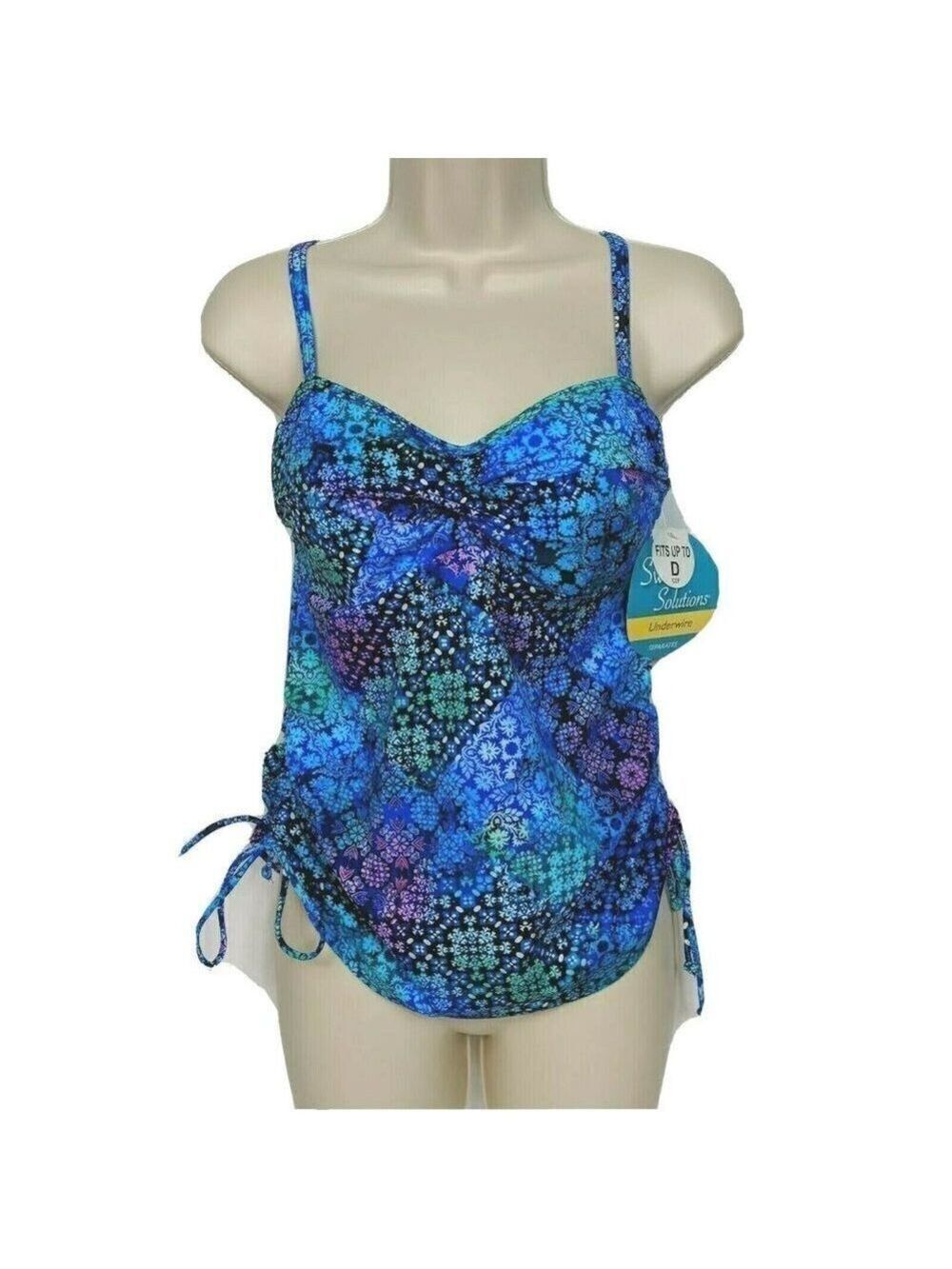 Swim Solutions Blue Tankini Swimsuit Top Size 8 NWT